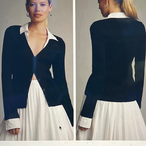 NWT - Maeve Layered Ribbed Black Cardigan Sweater White Shirt Collar and Cuffs - Picture 2 of 9